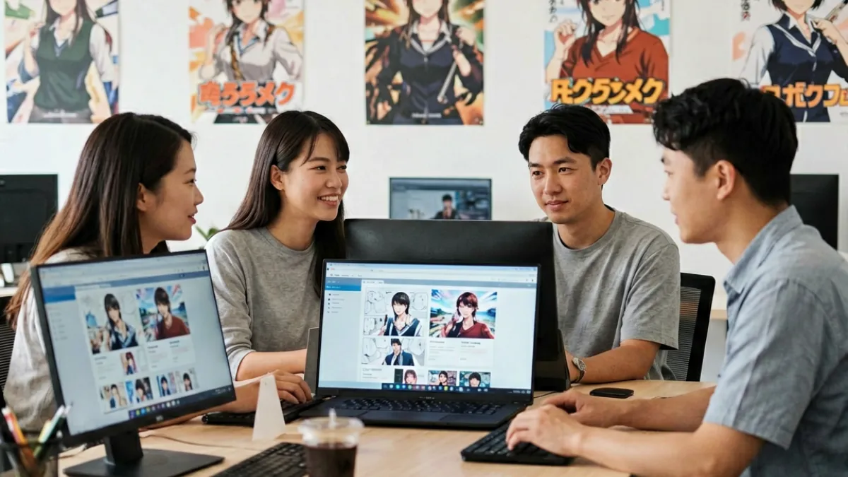 香蕉漫画平台介绍主视觉图，展示团队围绕漫画内容进行选题讨论的工作场景